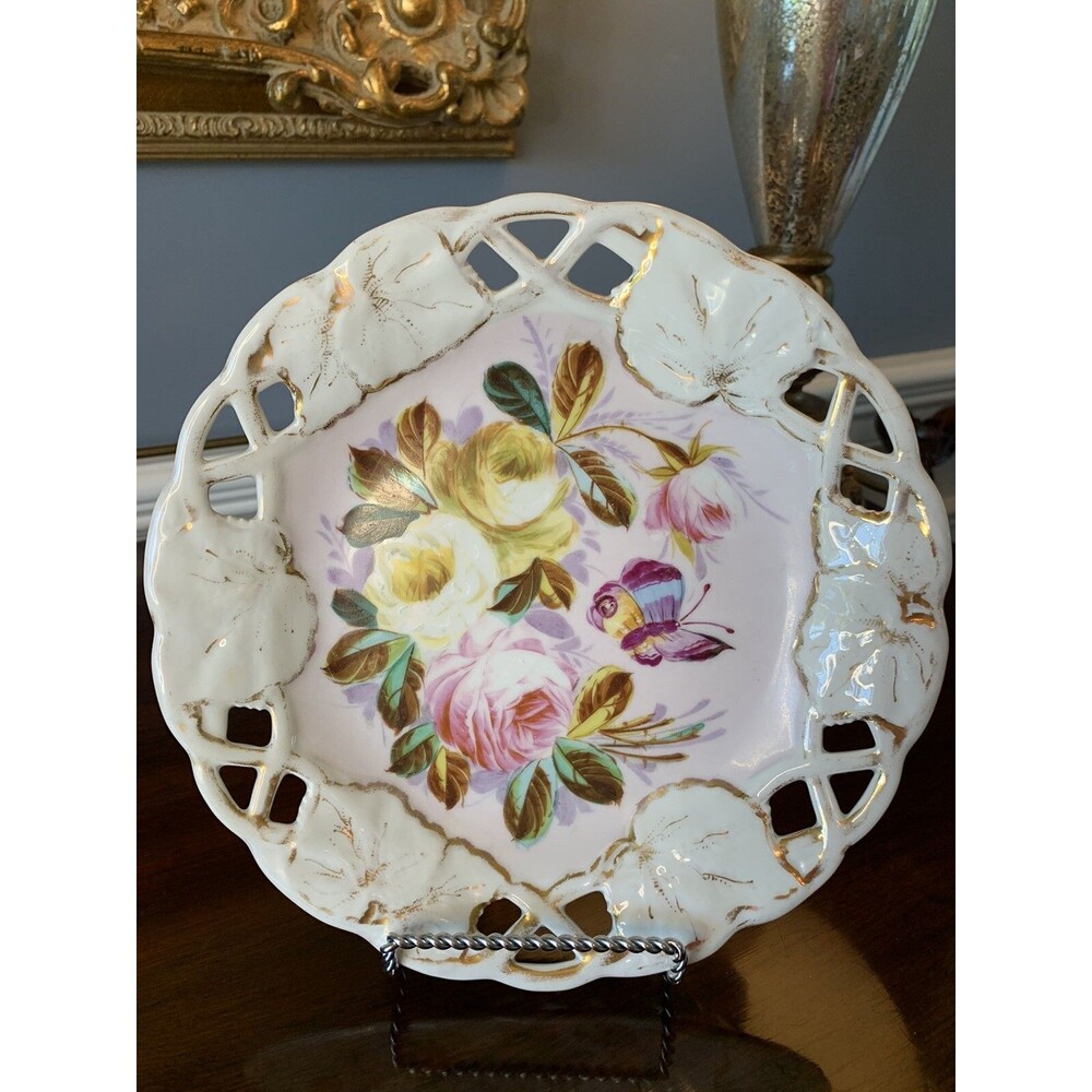 Antique KPM Porcelain Floral Butterfly Reticulated Cabinet Display Plate